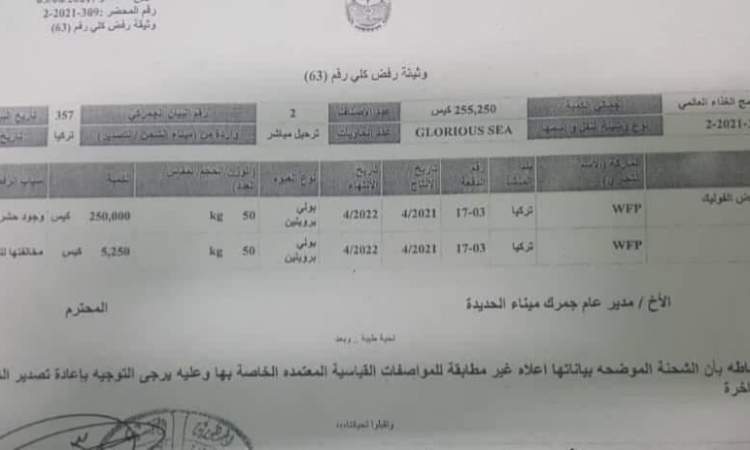 الكشف عن 250 ألف كيس دقيق فاسد تابع للغذاء العالمي في ميناء الحديدة